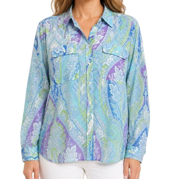 Ralph Lauren Tops - Ralph Lauren Sz XL Blue Green Tropical Lightweight Long Sleeve Blouse Shirt Top